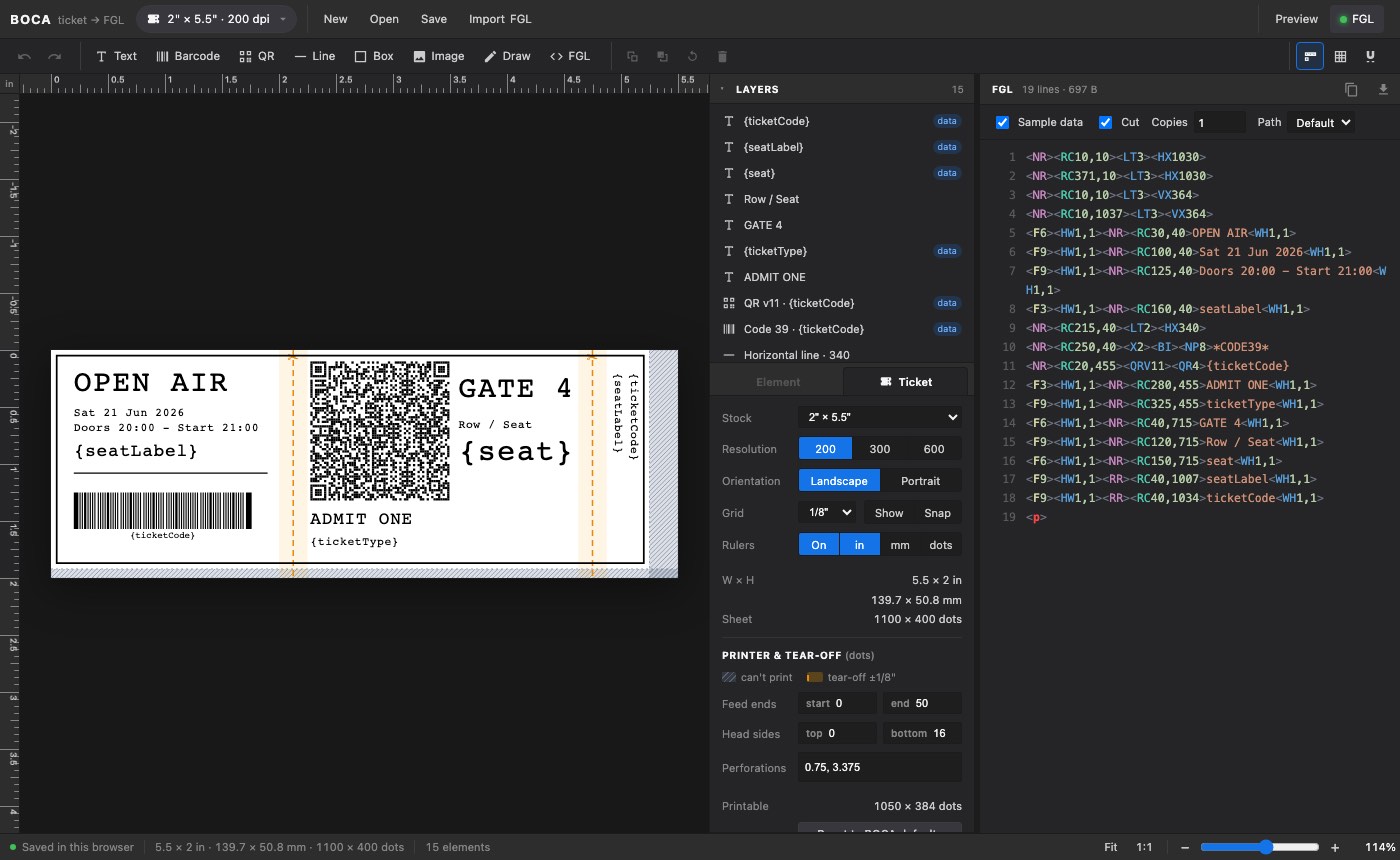The BOCA FGL ticket editor: a ticket canvas with the generated FGL program beside it